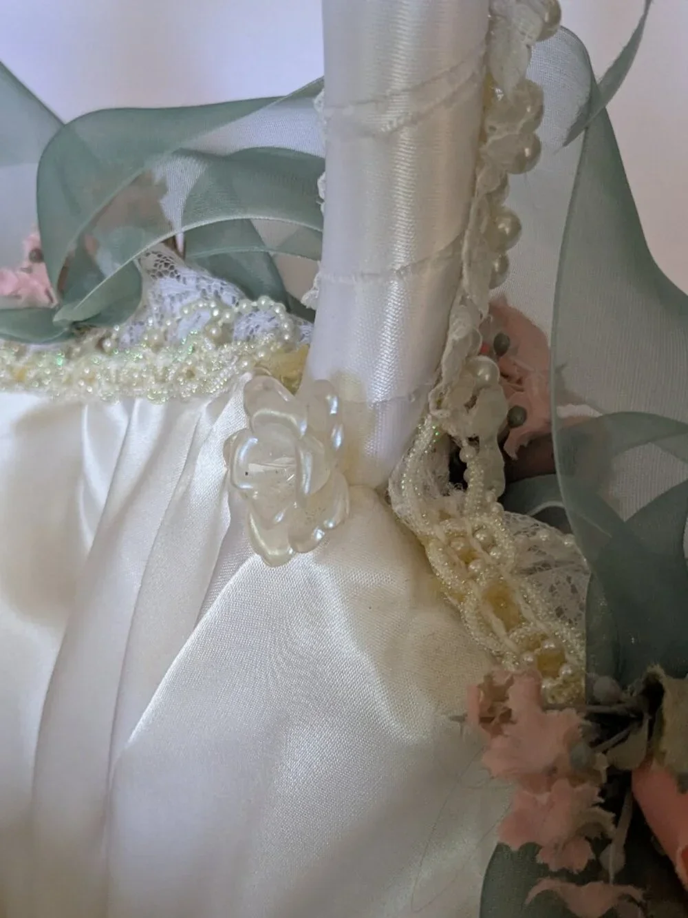 Handmade Lace Pearls Roses & Satin Wedding Baby Cheer Gift Basket